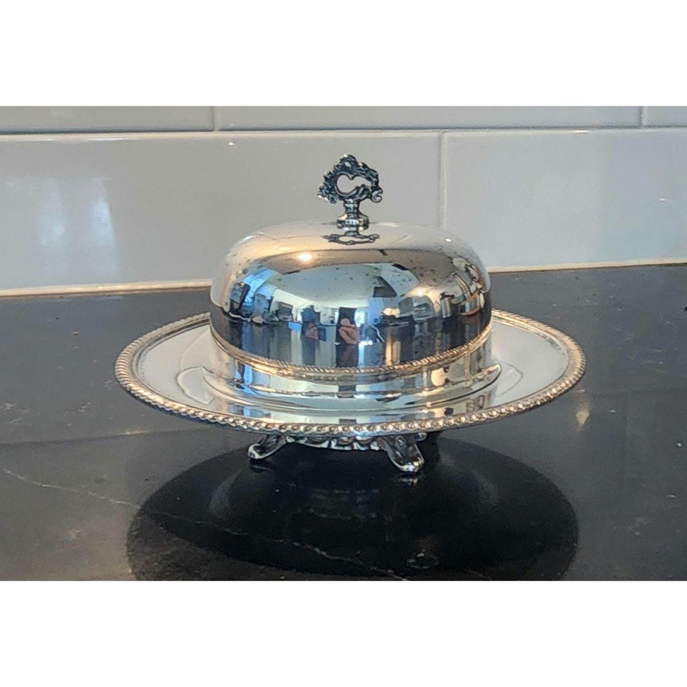 Vintage Wm A Rogers Silverplate Butter Dish with Glass Insert, Pedestal Server